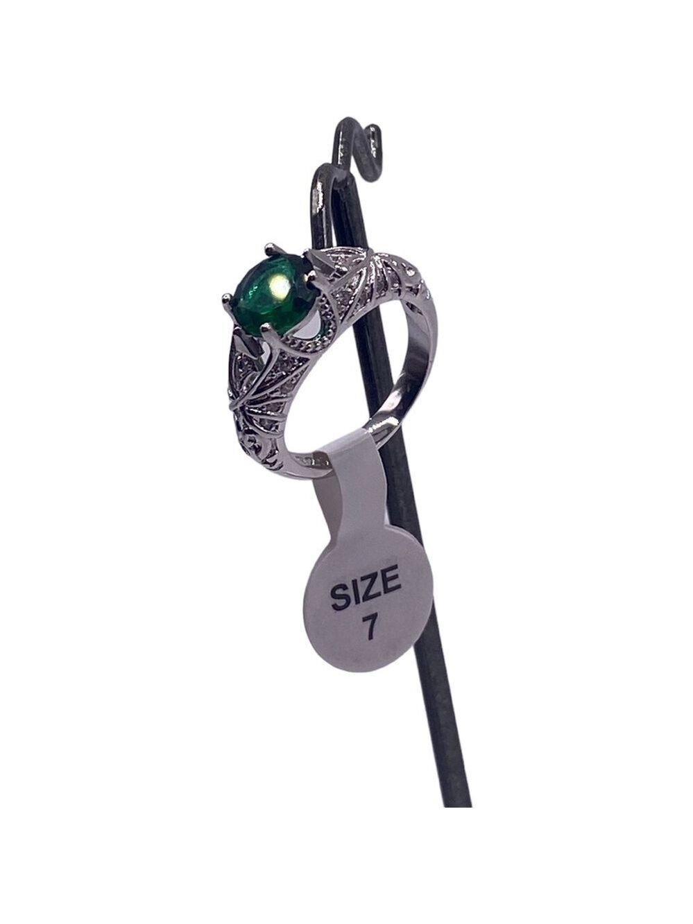 Sterling Silver Plated Ring with Green Stone - Size 7 - Fun Costume Jewelry
